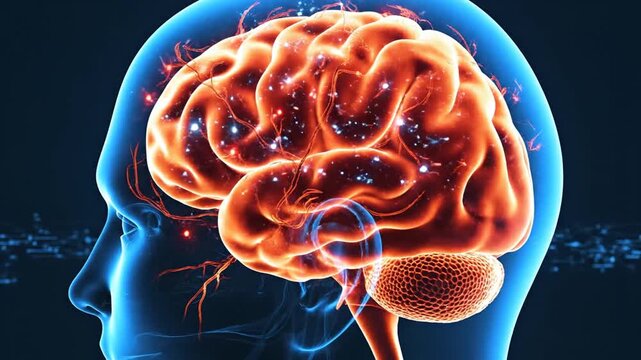 Glowing Human Brain in Head.