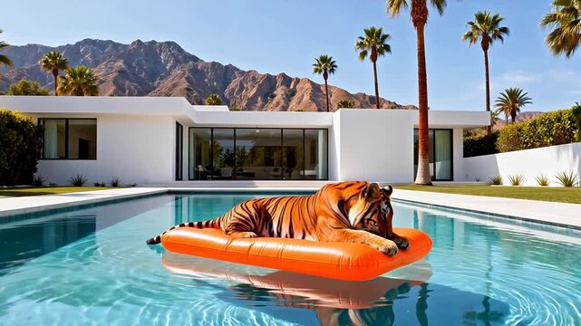 Tiger on float in pool near modern house