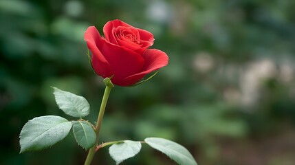 A vibrant red rose in full bloom showcasing delicate petals and green leaves against a soft blurred garden background