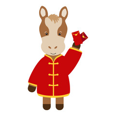 Chinese New Year zodiac horse cartoon holding red envelopes, isolated on white. Festive, joyful design.