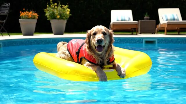 A Golden Retriever in a life vest on a yellow inflatable floats in a pool