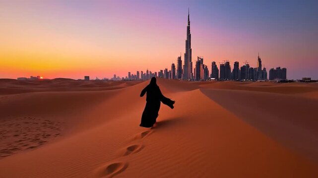Woman in traditional dress walks across desert dunes towards a city skyline.