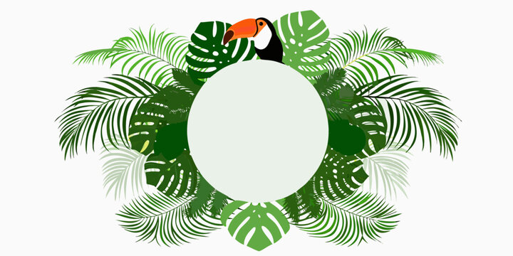 A toucan perched amongst lush tropical monstera and palm leaves