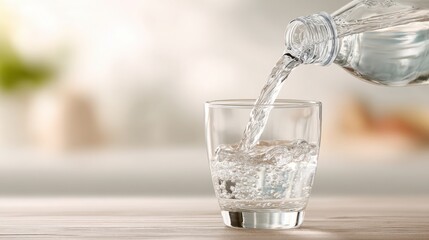 Refreshing water poured from a bottle into a glass, perfect for hydration and healthy living.