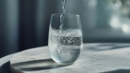 A refreshing drink served in a glass, with bubbles rising to the surface in soft, ambient light.