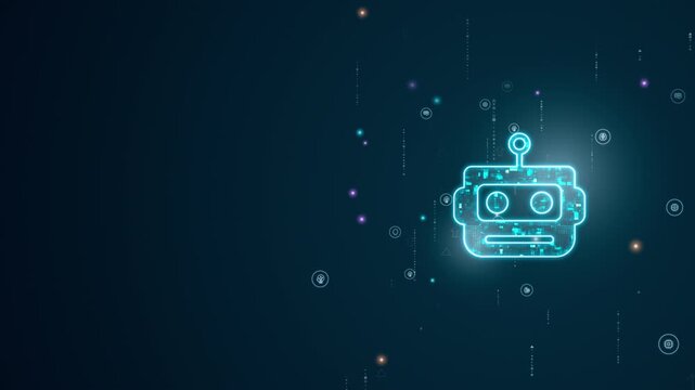Motion graphic of glowing AI robot icon with artificial intelligence interface and digital data particles, designed for technology innovation presentations and future tech branding video.