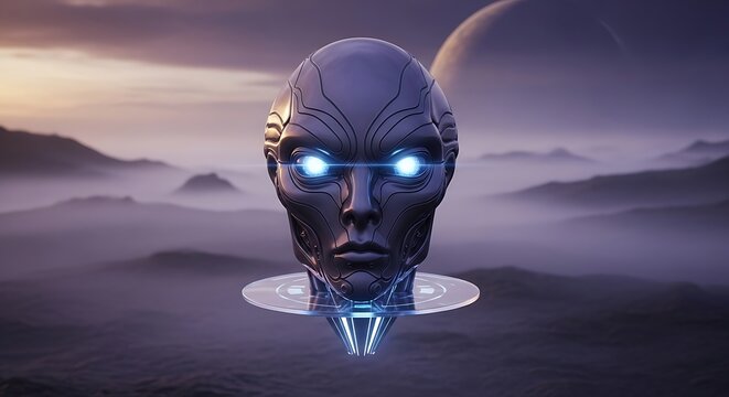 Futuristic android head with glowing eyes against a misty landscape backdrop