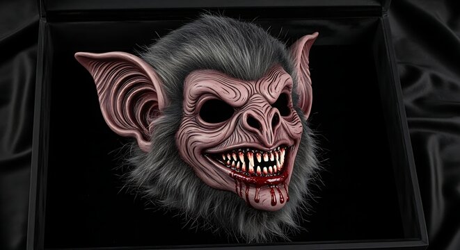 Eerie Vampire Monkey Mask Displayed in Black Box for Halloween or Horror Theme