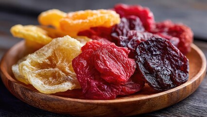 Obraz premium Assorted dried fruits (apricots, prunes, berries) on a wooden plate. Concept Dried Fruit Platter, Rustic Wooden Plate, Colorful Snack Collection, Natural Textures, Healthy Snacking