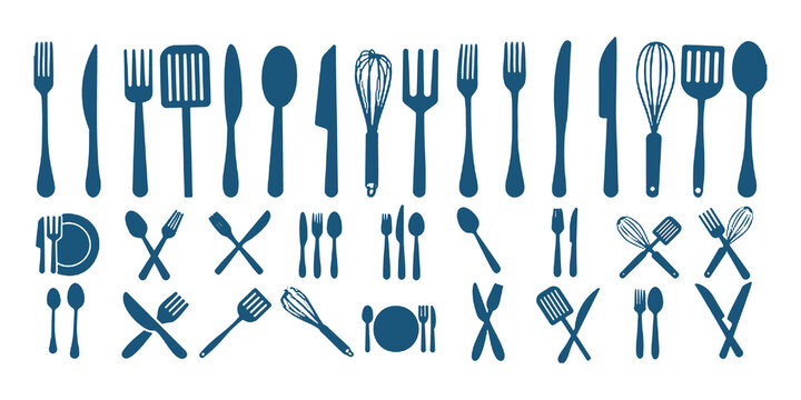Kitchen utensils and cutlery icons set including knives, forks, spoons, spatulas, whisks. Perfect for culinary, cooking, and restaurant designs.
