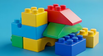 Fototapeta premium Colorful plastic building blocks stacked together forming a structure on a blue surface viewed from the front ep2 (30).jpg