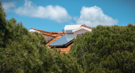 Solar water heater on the roof of a Portuguese house