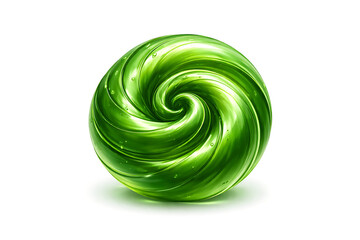 Green glass sphere with internal spiral design or green swirl candy isolated on white