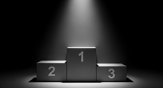 A dramatic spotlight shines on a podium with numbers 1 2 and 3