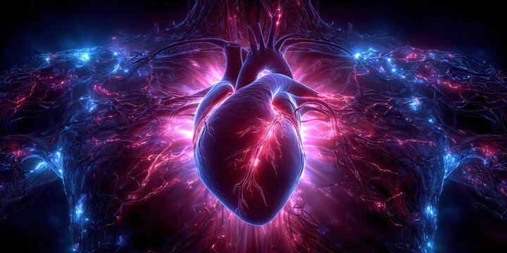 Glowing human heart symbolizing spirituality, inner energy and emotional harmony. Concept of life force, consciousness and spiritual balance on a dark abstract background