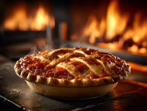 A freshly baked pie steams on a wooden surface against a warm and inviting background with a roa fire adding to the ambiance.