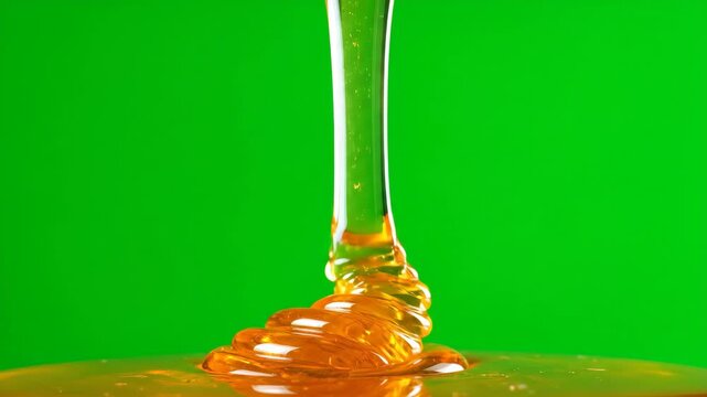 Golden Honey Pouring On Green Backdrop Liquid Amber Flowing Down Smoothly Sweet Syrup Falling Pure Honey Dripping Healthy Food Concept And Green Screen Background