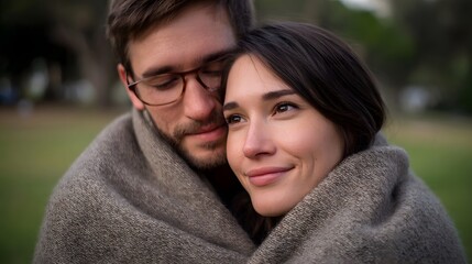 Obraz premium Couple sharing a warm embrace wrapped in a cozy blanket outdoors in a park enjoying an intimate moment of affection and peace