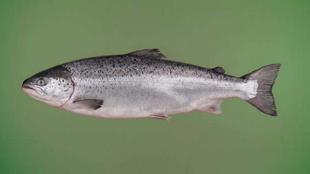 Atlantic salmon fish swimming isolated, side view of marine life for aquaculture and fishing concepts, high quality 4k video footage.