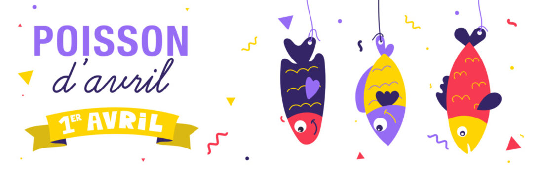 Banni&egrave;re horizontale pour le 1er avril avec poissons color&eacute;s suspendus, ruban d&eacute;coratif et confettis. Id&eacute;ale pour communication digitale, r&eacute;seaux sociaux et supports promotionnels.
