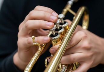 Fototapeta premium Fingers on Valves of Trumpet Ready to Play a Melodic Tune Concert