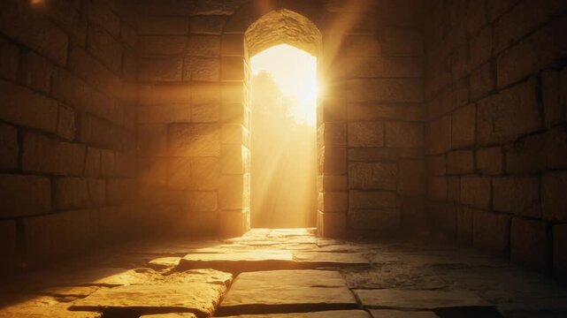 Sunlit stone corridor with arched doorway in ancient masonry interior