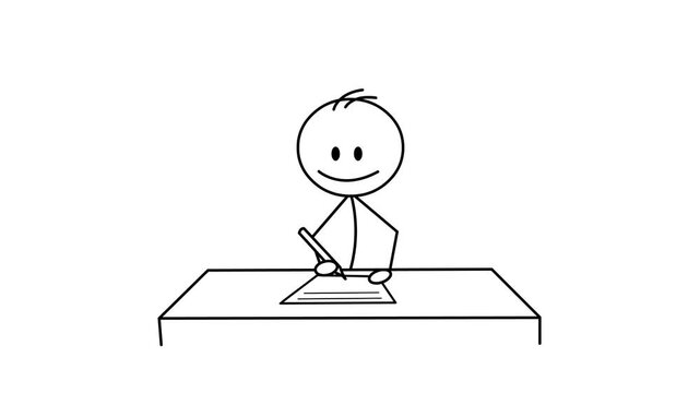 Animated stickman character sitting at a desk writing or working on white background