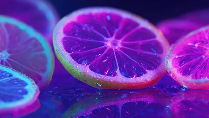 Slices of citrus fruit illuminated by neon purple-blue light on a reflective surface. Concept Neon-lit citrus slices, Purple-blue light photography, Reflective surface macro