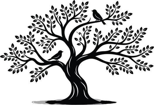 Black silhouette of twisted tree with leaves and two birds sitting on branches isolated on white background for nature design