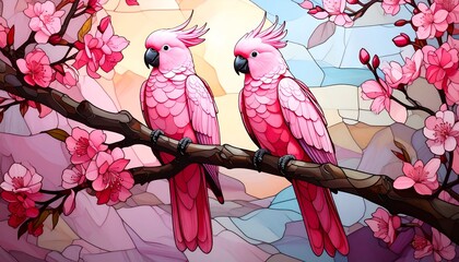 A cute cartoon illustration of exotic tropical macaw birds with colorful feathers perched on a tree branch in a jungle nature scene featuring flowers and artistic vector design elements