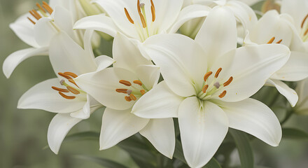 Fototapeta premium A beautiful cluster of white lilies with orange stamens in full bloom.