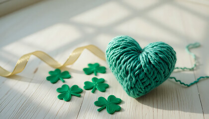 Green Yarn Heart with Shamrocks on Wooden Table.
St Patrick&rsquo;s Day Craft and DIY Concept.