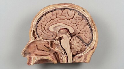 Human head anatomy cross-section showing brain and skull structure side