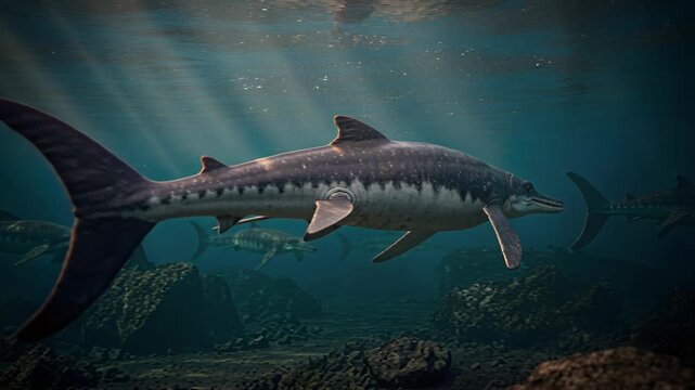 A serene prehistoric scene shows an Ichthyosaur swim through the deep blue. Sunlight streams through the water, setting a calm and mysterious tone. Great for history, science, or adventure themes