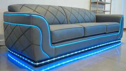 Fototapeta premium Close Up Futuristic Glowing Blue Neon Sofa Modern Interior Design Concept