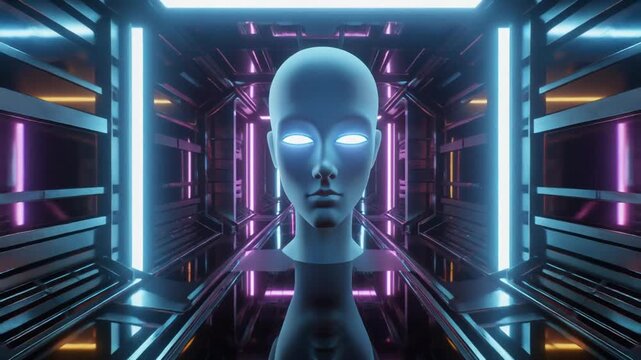 4K video of a futuristic alien in a neon-lit sci-fi corridor