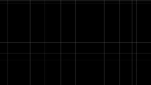 Animated white wireframe grid mesh on black background. Creative shiny tile-like abstract background with vertical moving lines. Perfect alpha channel overlay seamless loop animation