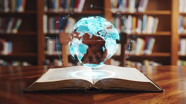 4K video of a globe on an open book in a library