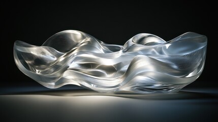 Abstract, translucent, wavy, sculpted glass bowl, illuminated from within.