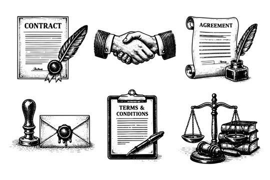 Business contract engraving. Hand drawn vintage law and deal symbols sketch illustration.