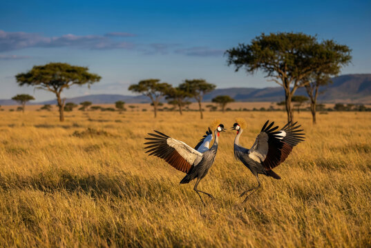 Grullas coronadas cuelligris (Balearica regulorum) realizando una danza de cortejo en la sabana africana al atardecer.