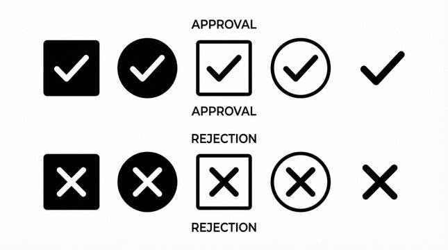 Minimal black‑and‑white approval and rejection icons: check marks and X symbols inside squares, circles, and standalone. Clean, consistent line style for modern UI decision buttons.