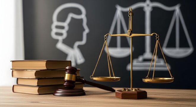 A wooden table holds a gavel, scales, and law books in front of a chalkboard with justice symbols