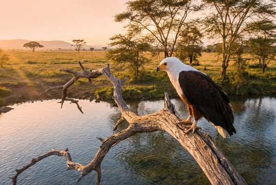 &Aacute;guila pescadora africana (Haliaeetus vocifer) observando desde una rama seca junto a un r&iacute;o al amanecer.