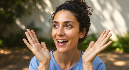 Young woman reacting with surprise and excitement outdoors.
