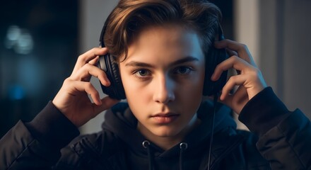 Teen boy wearing headphones and listening attentively.