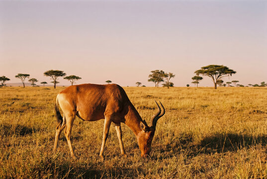 Alc&eacute;lafo com&uacute;n (Alcelaphus buselaphus) pastando en la sabana africana durante el atardecer.