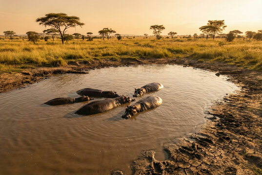 Grupo de hipop&oacute;tamos comunes (Hippopotamus amphibius) sumergidos en una charca de la sabana al atardecer.