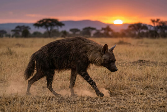 Hiena parda (Parahyaena brunnea) caminando por la sabana al atardecer con el sol en el horizonte.