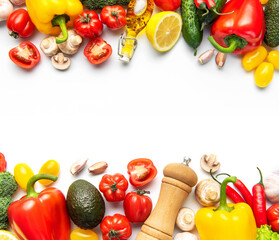 Fresh organic vegetables and ingredients creating healthy food border